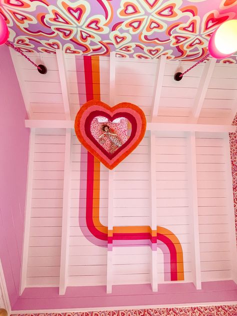 Trixie Motel Rooms, Mushroom Inspired Room, Trixie Motel, Retro House Design, Custom Bed Frame, Motel Room, Heart Artwork, Heart Mirror, Charlie’s Angels