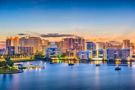 Sarasota, Florida, USA Skyline by SeanPavonePhoto. Sarasota, Florida, USA skyline on the bay at dawn.#USA, #Skyline, #Sarasota, #Florida Usa Skyline, Bay Photo, Florida City, Quiet Beach, Visit Florida, Sarasota Florida, Beaches In The World, Best Places To Live, Florida Usa