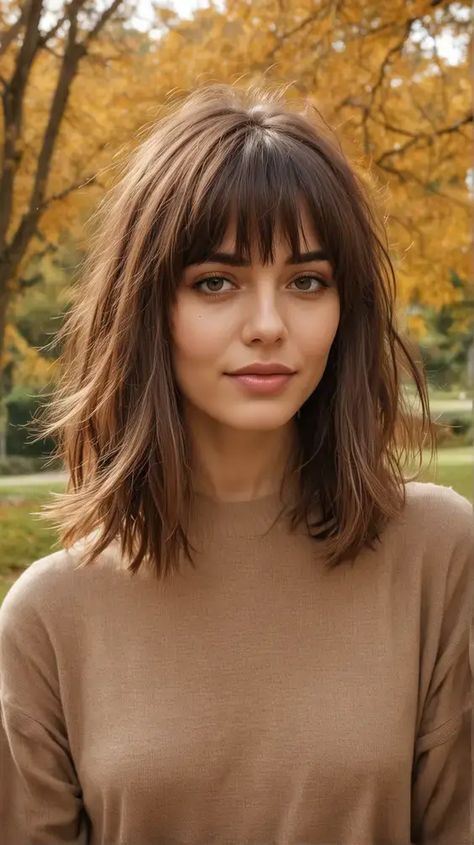 23 Top Fall Haircuts with Bangs 2024: Discover Trendy Styles Fringe Hairstyles Round Face Straight Hair, Wavy Hair With Bangs Round Face, Long Bob Hairstyles Fringe, Lob With Bangs Oval Face, Round Face Hairstyles With Bangs, Long Bob With Fringe Round Faces, Medium Length Haircut Fringe, Haircuts To Frame Your Face, Long Bob With Bangs Straight Hair