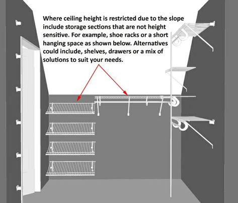 Closet-short side Sloped Closet, Sloped Ceiling Closet, Small Walk In Wardrobe, Studio Closet, Sloping Ceiling, Closets Ideas, Narrow Closet, Closet Maid, Porch House