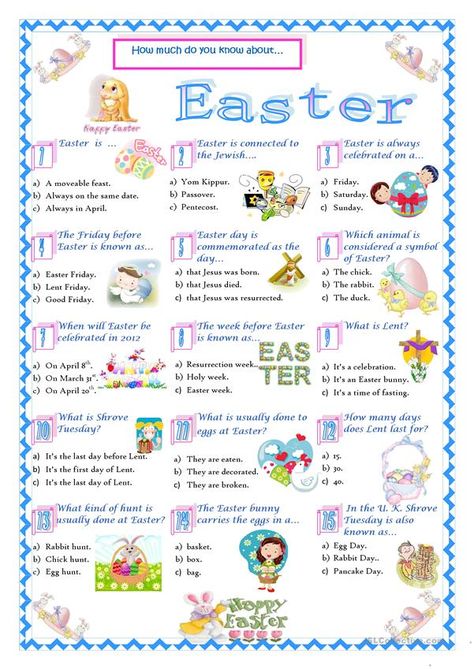 Easter-Quiz - English ESL Worksheets Easter Quiz, Easter Trivia, Easter Friday, Easter Puzzles, Fun Quiz Questions, Easter Worksheets, Easter Games, About Easter, Education Level