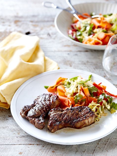 Lamb rump steaks with Chinese-style salad recipe | Australian Lamb - Recipes, Cooking Tips and More Lamb Steak Recipes Dinners, Slow Cooker Lamb Steaks, Lamb Steaks How To Cook, Lamb Rump Steak Recipes, Australian Lamb Recipes, Rump Steak Recipes, Crumbed Lamb Chops, Spaghetti With Ground Beef, Ground Beef And Cabbage