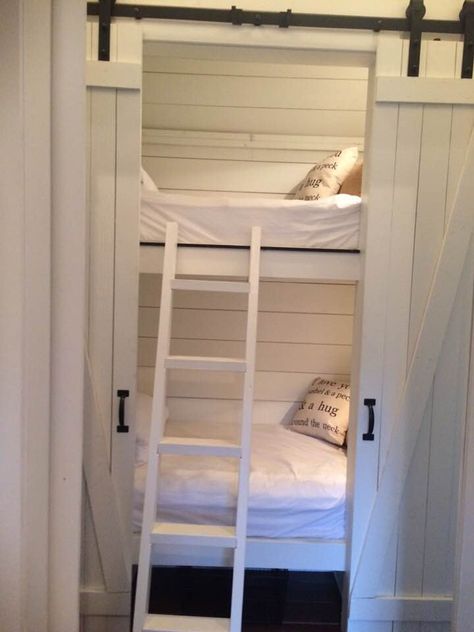 I love this little hide away! We slipped in a built in bunk for our grandkids. They love reading .and just hanging out in it!  When they are away, we just close the barn doors. Bunk Bed In Alcove, Bunk Closet Built Ins, Bunk Bed In Closet, Closet Bunk Beds, Bunkhouse Plans, Bunk Beds Boys, Small Bedroom Inspiration, Sleeping Nook, Bed Nook