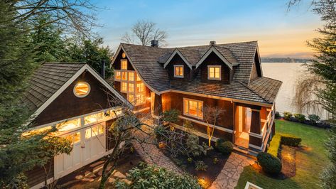 Big Porch, Big Swimming Pools, Cedar Shake Roof, Beachfront Cottage, Lake Washington, Beach House Exterior, Lakeside Living, Luxury Portfolio, Lakefront Homes