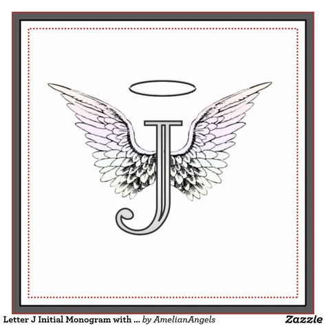 Letter J Initial Monogram with Angel Wings & Halo Tile Initial J Tattoo, J With Wings Tattoo, Letter A With Wings Tattoo, Letter With Wings Tattoo, Angel Wings Tattoo With Letter, Letter J With Wings Tattoo, Letter J Tattoo Ideas, Letter With Angel Wings Tattoo, Angel Wings Initial Tattoo