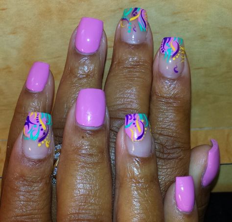 #detroit #nailz #1 #thenailguru #nailzbysunshine Short Acrylic Nails Pink And Blue, Short Pink And Blue Acrylic Nails, One Hand Blue One Hand Pink Nails, Barbie Pink And Blue Nails, Pink And Blue Abstract Nails, Purple Nail Art Designs, Rainbow Nails Design, Summer Gel Nails, Ombre Nails Glitter