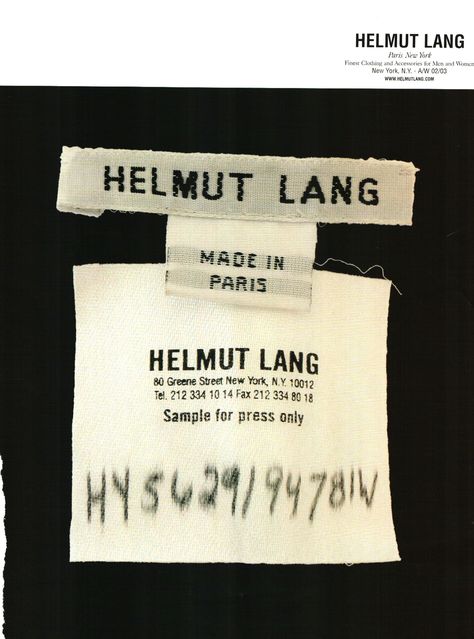 This Helmut Lang Ad Helmut Lang Campaign, Esmod Paris, Clothing Tags, Tag Design, Woven Labels, Foto Inspiration, Clothing Labels, Print Ads, Helmut Lang