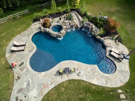 Freeform Pool With Spa And Tanning Ledge, Outdoor Pool Inground, Drop In Pools, Modern Pool With Slide, Inground Pool With Slide, Pool With Spa Designs, Pool Ideas Inground, Pool Ideas Backyard, Pool With Slide