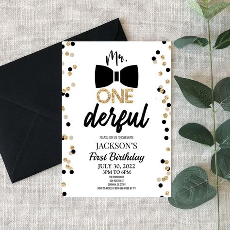 Mr Onederful, Black White And Gold, Boy Birthday Invitations, Mr Wonderful, Glitter Design, 1st Birthday Invitations, 1st Birthday Party, First Birthday Invitations, First Birthday Party