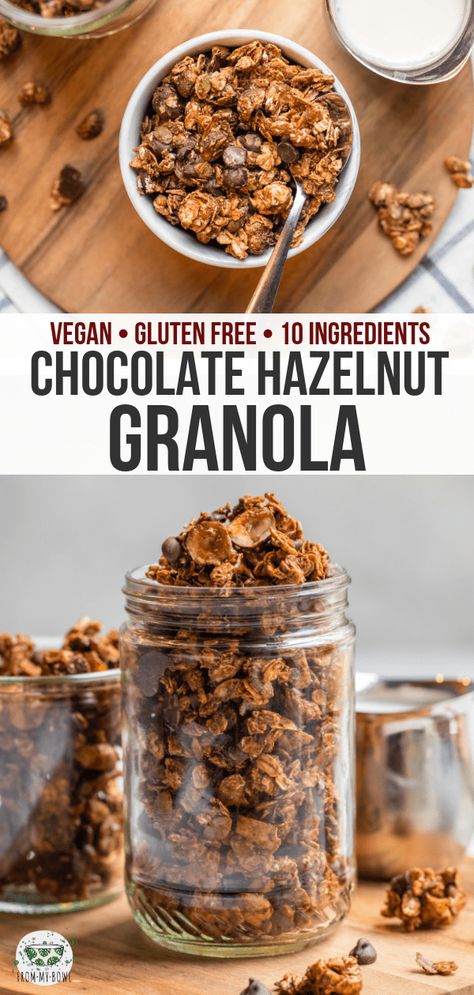 This Naturally Sweetened Chocolate Hazelnut Granola is a perfect snack! Crunchy Oat clusters combine with Hazelnuts and Chocolate Chunks for a yummy treat. #vegan #glutenfree #plantbased #chocolate #hazelnut #granola | frommybowl.com Breakfast Smoothie Healthy, Oatmeal Chocolate Chips, Hazelnut Granola, Oat Clusters, Gluten Free Granola, Smoothie Healthy, Healthy Vegan Snacks, Tofu Scramble, Healthy Breakfast Smoothies