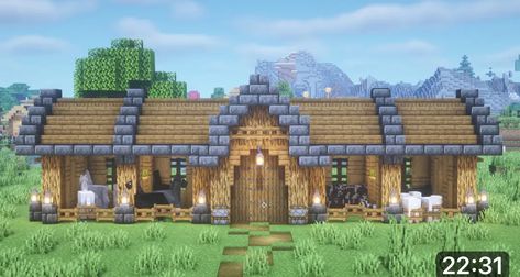 Simple Minecraft Stable, Minecraft Stable Blueprints, House Stable Minecraft, Minecraft Animal Farm Ideas Design, Farm For Animals Minecraft, Minecraft Cow Pen Design, Minecraft Animal Shelter Ideas, Minecraft Stable Ideas Easy, Medieval Stables Minecraft