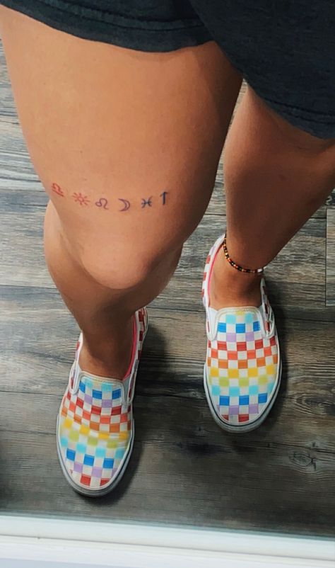 Rising Sun Moon Tattoo, Big 3 Zodiac Tattoo Ideas, Pisces Rising Tattoo, Big Three Zodiac Tattoo, Pisces Sun Tattoo, Big Three Tattoo Zodiac, Leo Rising Tattoo, Libra Rising Tattoo, Red Leo Tattoo