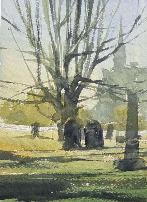 Graveyard Watercolor Painting, Gary Tucker Watercolor, Cemetery Watercolor, Graveyard Watercolor, Cemetery Painting, Exterior Reference, Haunted Halloween, Loose Watercolor, Painting Inspo