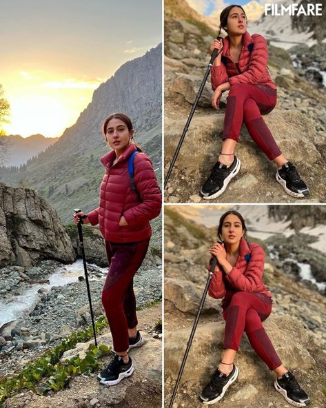 Kedarnath Trekking Outfit Women, Kedarnath Outfit Ideas For Women, Kedarnath Outfit Ideas, Winter Trekking Outfit Women, Trekking Outfit Women Winter, Manali Outfit Ideas, Panch Kedar, Hiking Ootd, Hiking Poses