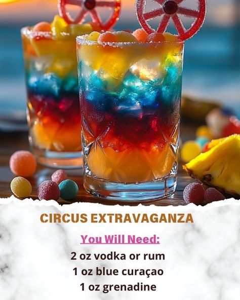 Circus Drinks Alcohol, Clown Themed Alcoholic Drinks, Circus Themed Alcoholic Drinks, Clown Cocktail, Circus Cocktails, Circus Drinks, Mexico Drinks, Carnevil Halloween, Hey Bartender