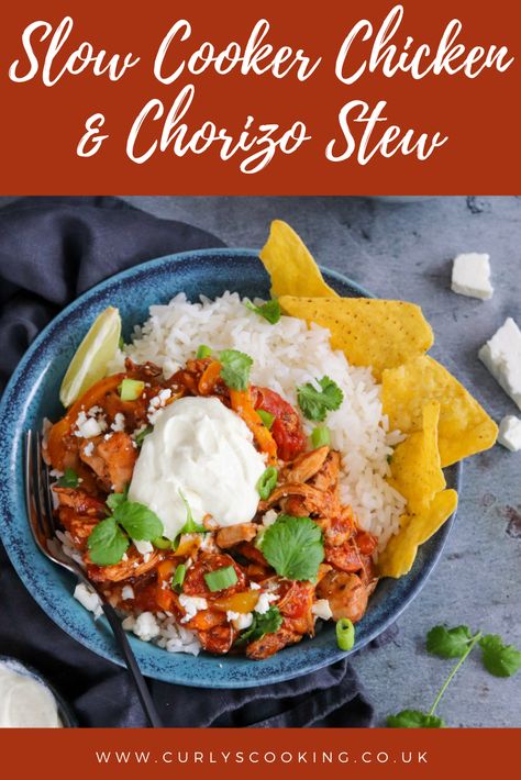 Chicken and chorizo in a rich tomato sauce with a subtle warmth. This Slow Cooker Chicken & Chorizo Stew is perfect for a cold winter night served with rice or tortillas and salad and a dollop of soured cream. Chicken Chorizo Stew, Chorizo Stew, Instant Pot Stew, Chicken And Chorizo, Chicken Chorizo, Chorizo Recipes, Autumn Recipes, Chicken Slow Cooker Recipes, Crock Pot Soup