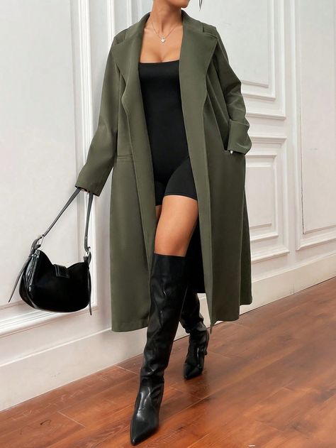 Dark Green Casual Collar Long Sleeve Woven Fabric Plain Other Embellished Non-Stretch  Women Clothing Dark Green Coat Outfit, Dark Green Outfits For Women, Green Jacket Outfits For Women, Win Outfits, Dark Green Outfits, Green Coat Outfit, Green Outfits For Women, Green Jacket Outfit, Dark Green Coat