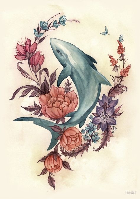 Floral Shark" by fioski | Redbubble Shark Tattoo Floral, Girly Shark Tattoo Ideas, Mermaid Shark Tattoo, Pretty Shark Tattoo, Shark With Flowers Tattoo, Flower Shark Tattoo, Ocean Creature Tattoo, Shark Flower Tattoo, Water Animal Tattoo