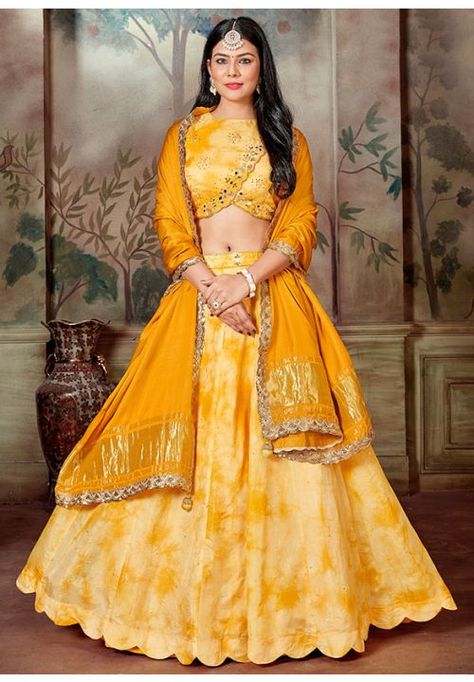 Sunny Yellow Shibori Print Silk Designer Lehenga Choli Designer Ghagra, Umbrella Lehenga, Lehenga Choli Designer, A Line Lehenga, Engagement Lehenga, Yellow Lehenga, Shibori Print, Party Wear Lehenga Choli, Designer Lehengas