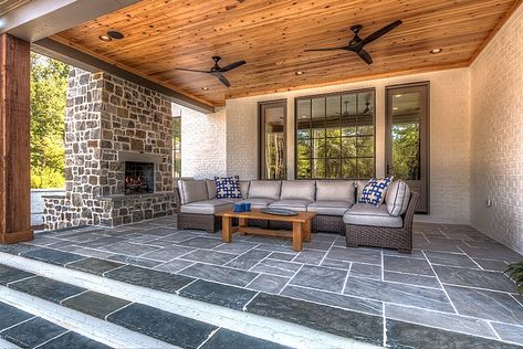 Back porch with Cedar tongue and groove ceiling and slate tile Farmhouse Front Porch Decorating Ideas, Farmhouse Front Porch Decorating, Painted Garden Furniture, Groove Ceiling, Front Porch Decorating Ideas, Painted Brick Exteriors, Porch Landscaping, Living Pool, Farmhouse Front Porch