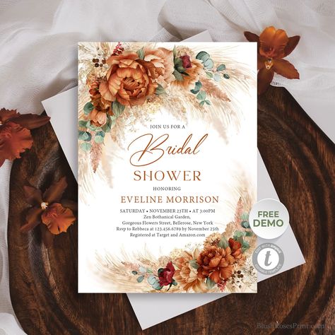 Burgundy Eucalyptus, Rust Flowers, Orange Copper, Modern Calligraphy Fonts, Eucalyptus Greenery, Bridal Shower Invitations Templates, Burgundy Flowers, Flower Invitation, Tropical Party