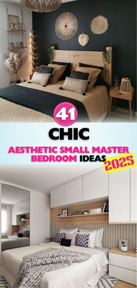 Explore aesthetic small master bedroom inspirations, featuring chic accents, neutral tones, and clever layouts that make small spaces feel open, airy, and beautifully organized. Medium Size Bedroom Ideas, Small Master Suite Layout, Small Master Suite, Organize Small Spaces, Master Suite Layout, Small Bedroom Organization, Explore Aesthetic, Cozy Fall Bedroom, Bedroom Trends