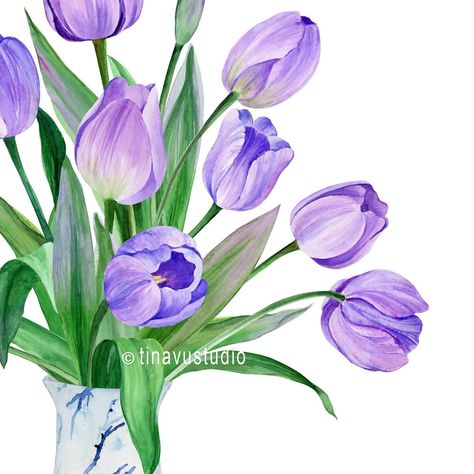 Mothers Day tulips - watercolor painting printable Purple Tulip Painting, Mothers Day Tulips, Tulips Watercolor, Tulip Painting, Watercolor Tulips, Blue And White Vase, Painting Printable, Purple Tulips, Flower Artwork