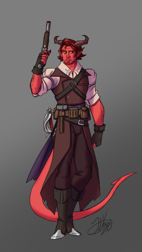 Dnd Tiefling Cowboy, Tiefling Cowboy, Gunslinger Dnd Male, Tiefling Gunslinger, Tiefling Artificer, Tiefling Male, Cowboy Character Design, Dnd Tiefling, Male Pfp