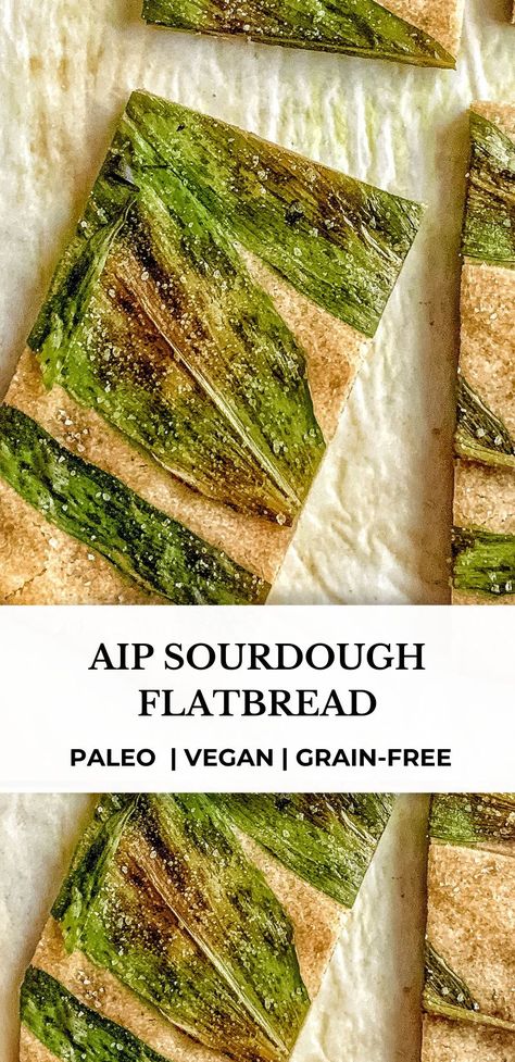 This AIP Sourdough Flatbread Recipe is paleo, vegan, grain-free and absolutely delicious. This recipe is very versatile and makes an amazing pizza crust! #aiprecipes #paleorecipes #paleo #aip #aipdiet #autoimmunepaleo #aipprotocol #autoimmunedisease #grain-free #vegan #grain-freebaking #aipsourdough #sourdoughflatbread #wildleeks #dairy-free #ramps #sourdough #healmedelicious ⁣⁣⁣⁣ Sourdough Flatbread Recipe, Aip Sides, Sourdough Flatbread, Aip Baking, Paleo Bread Recipe, Vegan Flatbread, Aip Breakfast, Autoimmune Paleo Diet, Aip Paleo Recipes