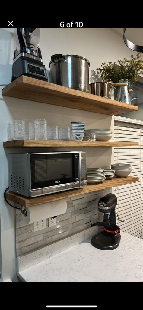 Microwave Shelves Ideas, Microwave On Shelf In Kitchen, Countertop Microwave Ideas, Microwave In Small Kitchen, Small Kitchen Microwave Placement, Microwave On Shelf, Kitchen Microwave Placement, Microwave Shelf Over Stove, Microwave On Countertop Ideas