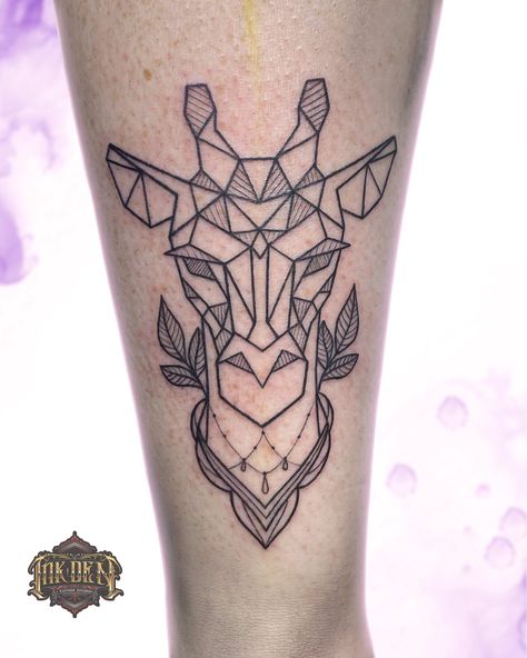 Stunningly crisp , geometric giraffe by Adrianna Urban Tattoos ❤ If you're looking for your next tattoo - we have a wonderful range of artists that cover a huge range of different styles - get in touch and we'll see what we can do for you! #geometrictattoo #geometric #geometricanimals #giraffetattoo #linework #lineworktattoos #femaletattooartists #blackpooltattoostudios #inkden #inkdentattoostudio Geometric Giraffe Tattoo, Animal Thigh Tattoo, Giraffe Tattoo, Urban Tattoos, Tattoo Trash, Linework Tattoo, Female Tattoo Artists, Tattoo Apprentice, Trash Polka