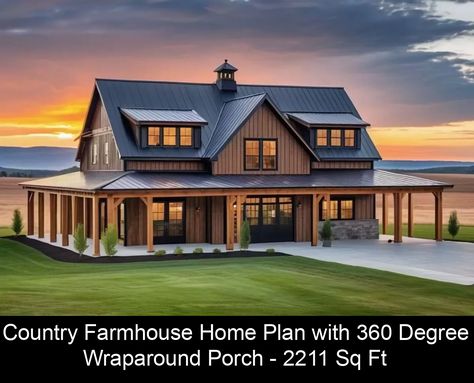 An 8'-deep wraparound porch extends from every elevation of this Country Farmhouse home plan ensuring the best views are always available. The central living room offers front and rear sliding doors for easy access to the porch and flows freely into the eat-in kitchen. An expansive walk-in pantry lends plenty of storage for dried foods and oversized appliances, and the neighboring powder bath includes a stackable washer and dryer unit. The main-l Porch All Around The House, Screened In Porch House Plans, Barndominium With Big Porch, Two Story Shop House Floor Plans, 3500 Sq Ft Barndominium, Log Cabin Homes With Wrap Around Porch, Farmhouse Floor Plans Wraparound Porch, Silver Roof House, Timber Frame Homes Exterior