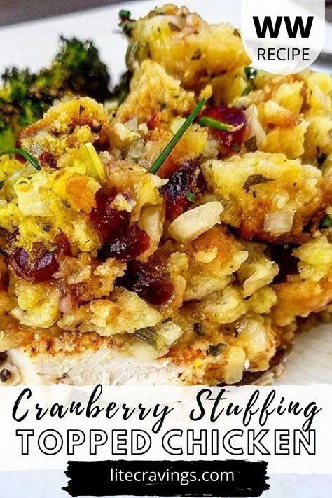 This Cranberry Stuffing Topped Chicken is one of my easiest meal preps. I know it’s nearly summer time, but I crave holiday flavors like this year round. #chicken #cranberrystuffing Stuffing Topped Chicken, Cranberry Chicken Casserole, Chicken Stuffing Cranberry Casserole, Cranberry Casserole Recipes, Cranberry Chicken Baked, Savory Holiday Recipes, Lite Cravings, Stovetop Stuffing, Ww Dinners