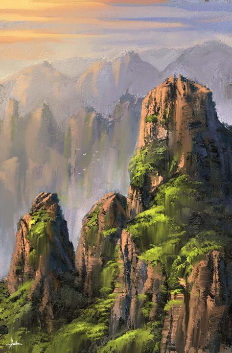 Asian Mountain Painting, Mountain Landscape Digital Art, Background Mountains Drawing, Fantasy Mountains Art, Asian Mountain Art, Digital Art Nature Landscapes, Realism Landscape Painting, Digital Art Mountains, Asian Landscape Art