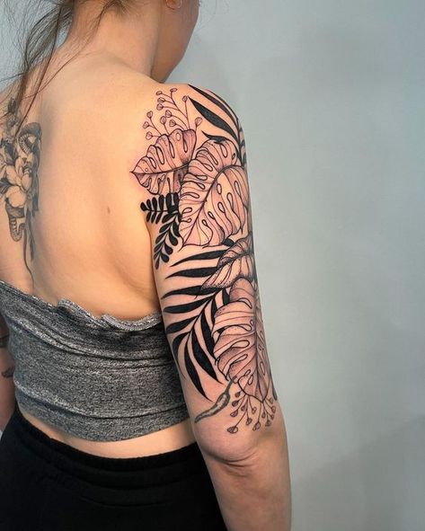 Picture version of this leafy sleeve!! Thanks to my tough client for spending the time and travel to get this!🫶🏽✨ @fineprinttattoos… | Instagram Leafy Floral Sleeve Tattoo, Tropical Shoulder Tattoo, Hawaiian Leaves Tattoo, Monstera Shoulder Tattoo, Houseplant Tattoo Sleeve, Tattoo Sleeve Filler Ideas For Women, Tropical Arm Sleeve Tattoo, Plant Tattoo Shoulder, Monstera Leaves Tattoo