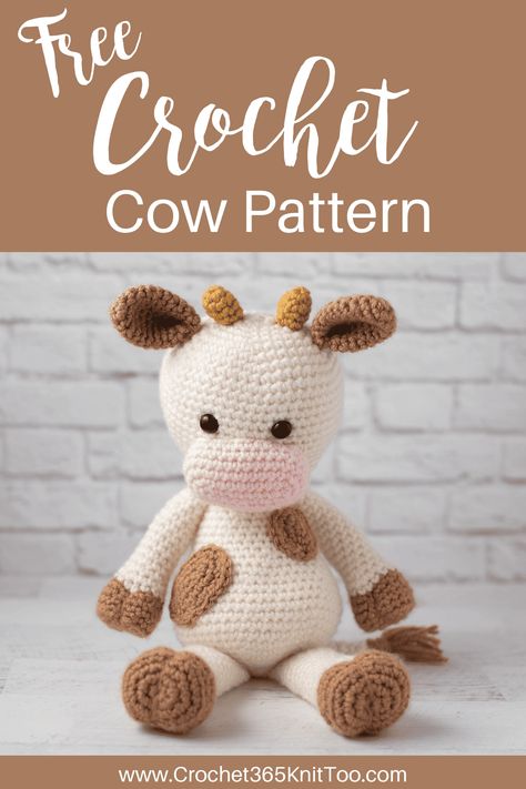 Crochet Simple Cow, Crochet Pattern For Cow, Caroline The Cow Crochet Pattern, Crochet Cow With Overalls, Crochet Cows Animal, Crochet Mini Farm Animals, Crocheted Farm Animals, Crochet Stuffed Cow Free Pattern, Free Crochet Stuffies Patterns