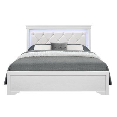 Mercer41 Villalobos Upholstered Standard Bed with LED Light Size: King, Color: White Led Headboard, Ikea Vanity, White Queen Bed, Girls Bed, Led Bed, Teen Rooms, Bed Headboards, House Mafia, Led Beds