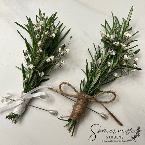 "At Somerville Gardens we work hard to bring you the best products to bring into your home. All products are grown in our gardens 🌿 Rosemary + Baby's Breath Boutonnière | Wedding, Groom, Groom's Men, Best Man 🌿 Description: Fresh Rosemary + Baby's Breath Boutonnière Approximately 3\"- 4\" Long.   Tied with twine or white ribbon. Select from the drop down menu which you would like. * Please Note the color might appear differently on your screen. This is a natural product, leaves vary in color in size and shape.  🌿 If ordering for a special event or wedding, please message us to RESERVE before ordering. Please note that the Rosemary is fresh and to ensure freshness the boutonniere(s) will be shipped overnight/next day air.   The Fresh Rosemary + Baby's Breath Boutonnière are made the same Rosemary Bouquet Wedding, Rosemary Wedding Bouquet, White Rose And Baby’s Breath Boutonniere, Rosemary Wedding Decor, Groom Boutineer Ideas, Evergreen Boutonniere, Rosemary Boutonniere, Babies Breath Boutonniere, Rosemary Bouquet