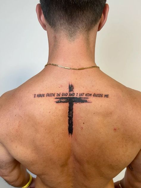 Sleeve Tattoos For Guys Christian, Back Tattoos For Guys Upper Words, Christ Is King Tattoo, God Sent Tattoo, Back Cross Tattoo For Men, Rib Tattoos Men, Ideas Tatuajes Hombre, Faith Tattoo Men, Mens Back Tattoo Ideas