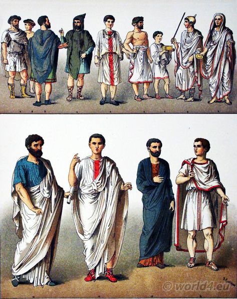 Ancient Roman Costumes. Peasants, High Priest, Senator. Ancient Roman Fashion, Ancient Roman Clothing, Ancient Greek Costumes, Roman Costumes, Roman Clothing, Ancient Greek Clothing, Roman Clothes, Roman Dress, Roman Man