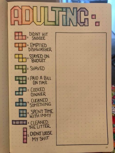 Love love love this! Tetris bullet journal page. Play tetris bases on your daily goals and actions! Bullet Journal Wishlist, Bullet Journal Work, Bullet Journal Page, Bullet Journal 2020, Bullet Journal Spreads, Bullet Journal 2019, Bullet Journal Ideas Templates, Creating A Bullet Journal, Bullet Journal Mood Tracker Ideas