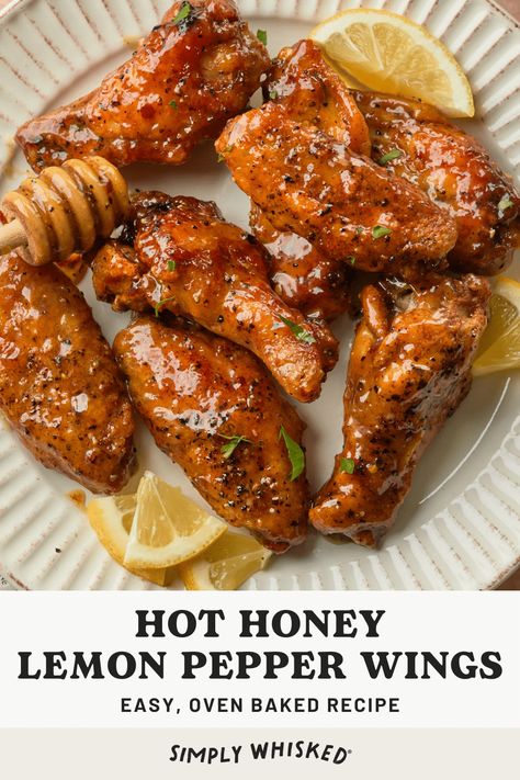 Move over buffalo, we've got a new chicken wing sauce in town. These hot honey lemon pepper chicken wings are baked until crispy and topped with a homemade hot honey sauce that takes these wings to the next level, adding a delightfully sweet and zesty kick to every bite. Lemon Pepper Hot Wing Sauce, Electric Honey Wing Sauce, Hot Honey Bourbon Wing Sauce, Hot Honey Lemon Pepper Chicken, Mikes Hot Honey Recipes, Hot Honey Lemon Pepper Wings, Honey Lemon Pepper Chicken, Honey Lemon Pepper Wings, Homemade Hot Honey