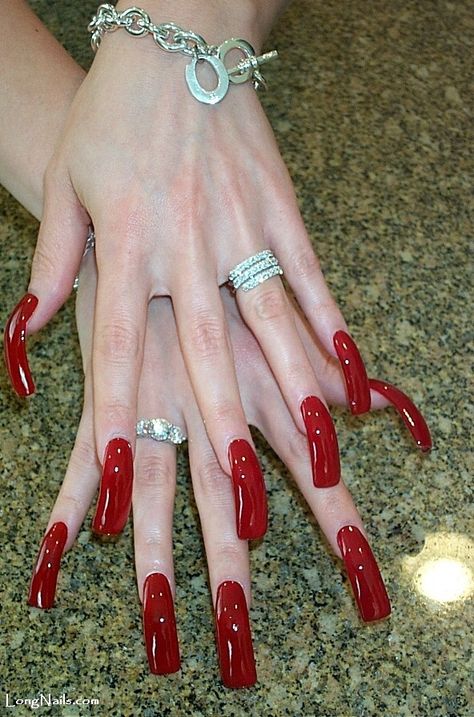 Red Nails Men, Nails Both Hands, Pink And Red Nails, 90s Nails, Long Red Nails, Long Fingernails, Curved Nails, Plain Nails, Anime Hands