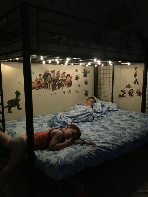 Put some LED, battery operated lights on the bottom bunk. Lights are from IKEA. Led Lights Bunk Bed, Bunk Bed Light, Toy Story Room, Shopkins Toys, Bottom Bunk, Battery Operated Lights, Battery Operated, Bunk Beds, Toddler Bed