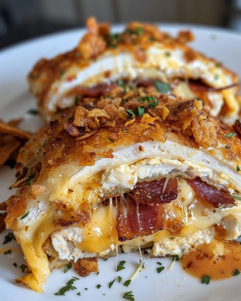 CREAM CHEESE AND BACON STUFFED DORITOS CHICKEN 🧀🥓🍗 Ingredients: 4 boneless, skinless chicken breasts 8 oz cream cheese, softened 1 cup cooked bacon, crumbled 2 cups crushed Nacho Cheese Doritos 1 cup shredded cheddar cheese 1/4 cup green onions, chopped 1/2 teaspoon garlic powder 1/2 teaspoon onion powder 1/4 teaspoon black pepper 2 eggs, beaten 1/2 cup all-purpose flour 1/2 cup milk Cooking spray Directions: Step 1: Preheat the Oven Preheat your oven to 375°F (190°C). Grease a baking di... Stuffed Doritos, Nacho Cheese Doritos, Doritos Chicken, Shredded Cheddar Cheese, Cooking Spray, Nacho Cheese, Boneless Skinless Chicken, Easy Baking Recipes, Food Videos Desserts