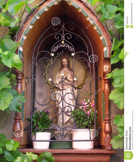 Wayside shrine stock image. Image of austria, close, wood - 19822457 Marian Garden, Grotto Design, Home Altar Catholic, Rhine Valley, South Germany, Blessed Mother Statue, Prayer Garden, Catholic Decor, Brick Exterior House