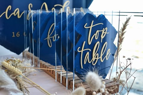 Blue Acrylic Table Numbers, Acrylic Signs Wedding, Painted Table Numbers, Plexiglass Table, Table Numbers Wedding Diy, Gold Table Numbers Wedding, Wedding Theme Color Schemes, Navy Table, Acrylic Table Numbers