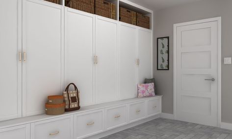 Mudroom With Kitchen Cabinets, Ikea Cabinets Entryway, Mudroom With Stock Cabinets, Ikea Mudroom Garage, Ikea Hack Lockers Mud Rooms, Laundry Room With Lockers Cubbies, Laundry Mud Room Off Garage Storage Cabinets, Ikea Cabinet Mudroom Hack, Garage Mudroom Ikea