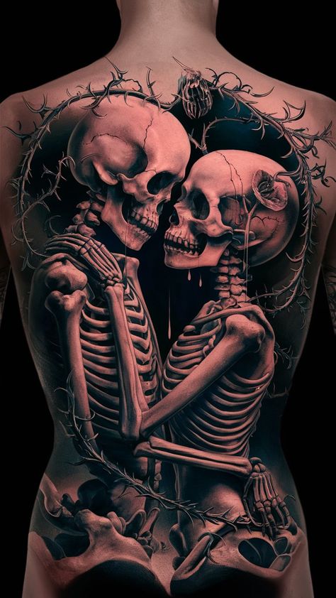 The Lovers Skull Tattoo, Two Skulls Tattoo Love, Lost Love Tattoo For Men, Lover Skeleton Tattoo, Two Lovers Tattoo, King And Queen Skull Tattoo, Lovers Of Valdaro Tattoo, Gangster Couple Tattoos, Skeleton Love Tattoo