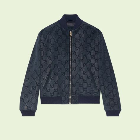 GG printed suede bomber jacket in blue | GUCCI® US Gucci Menswear, Monogram Pattern, Gucci Leather, Leather Jacket Men, Leather Top, Spring Summer Fashion, Autumn Winter Fashion, Mens Jackets, Ready To Wear